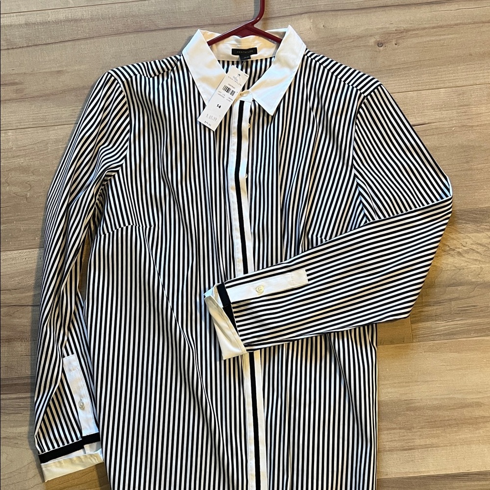 Ann Taylor Black and White Striped Button-Up Blouse
